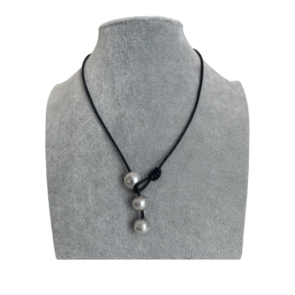 Gray Pearls on Black Leather Cord Lariat Choker Necklace Handmade NEW